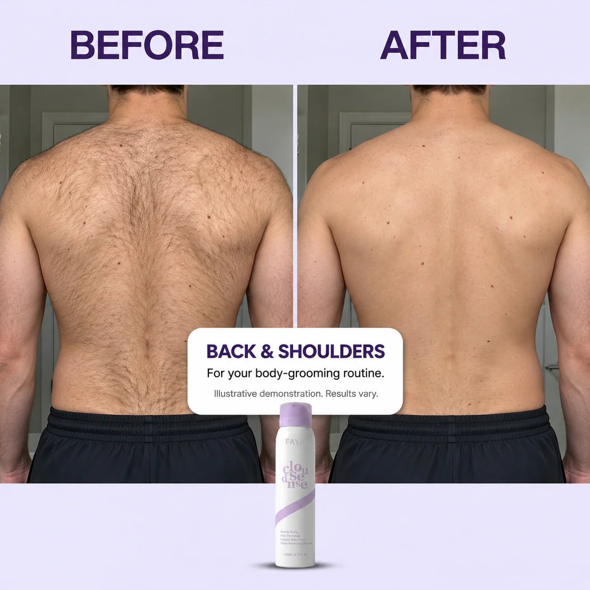 FAYA men's body hair removal mousse — back demo