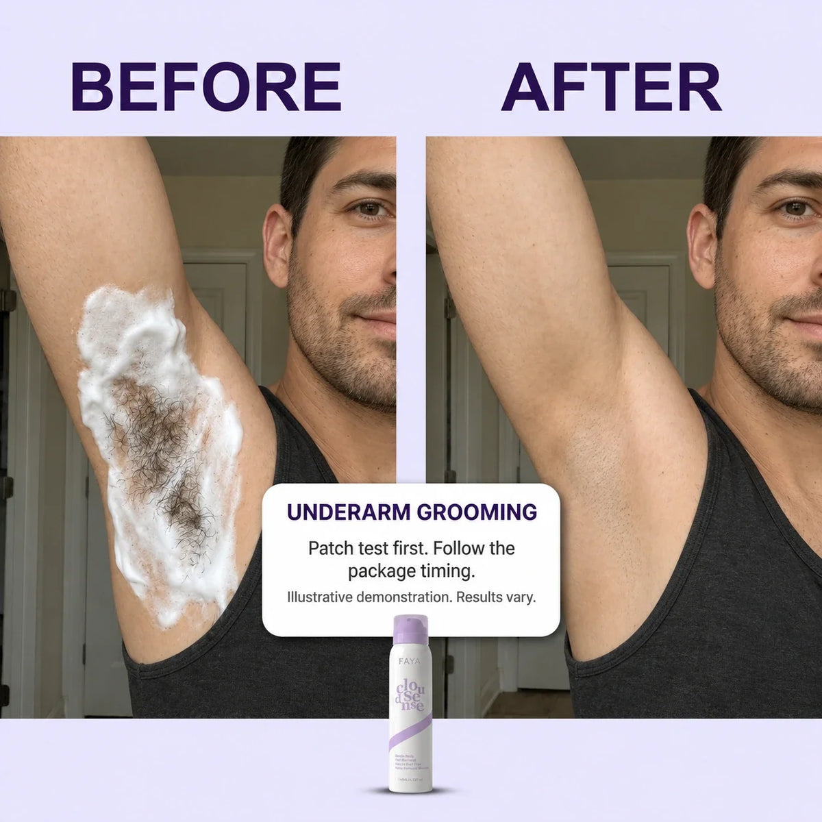 FAYA men's body hair removal mousse — underarms demo