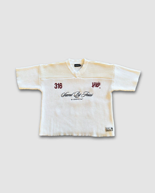 "SAVED BY JESUS" - IVORY KNIT JERSEY