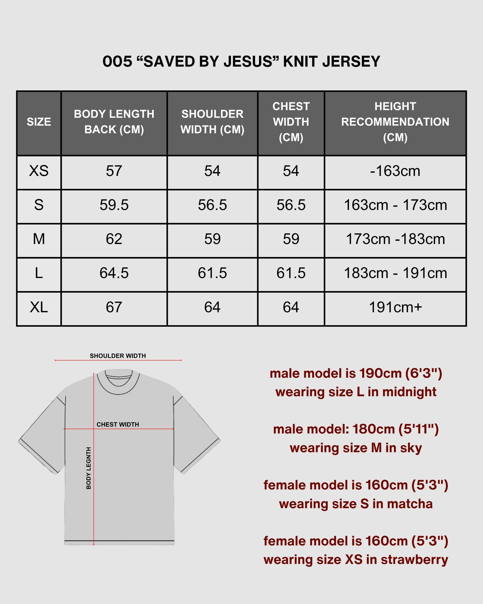 "SAVED BY JESUS" - MATCHA KNIT JERSEY size chart