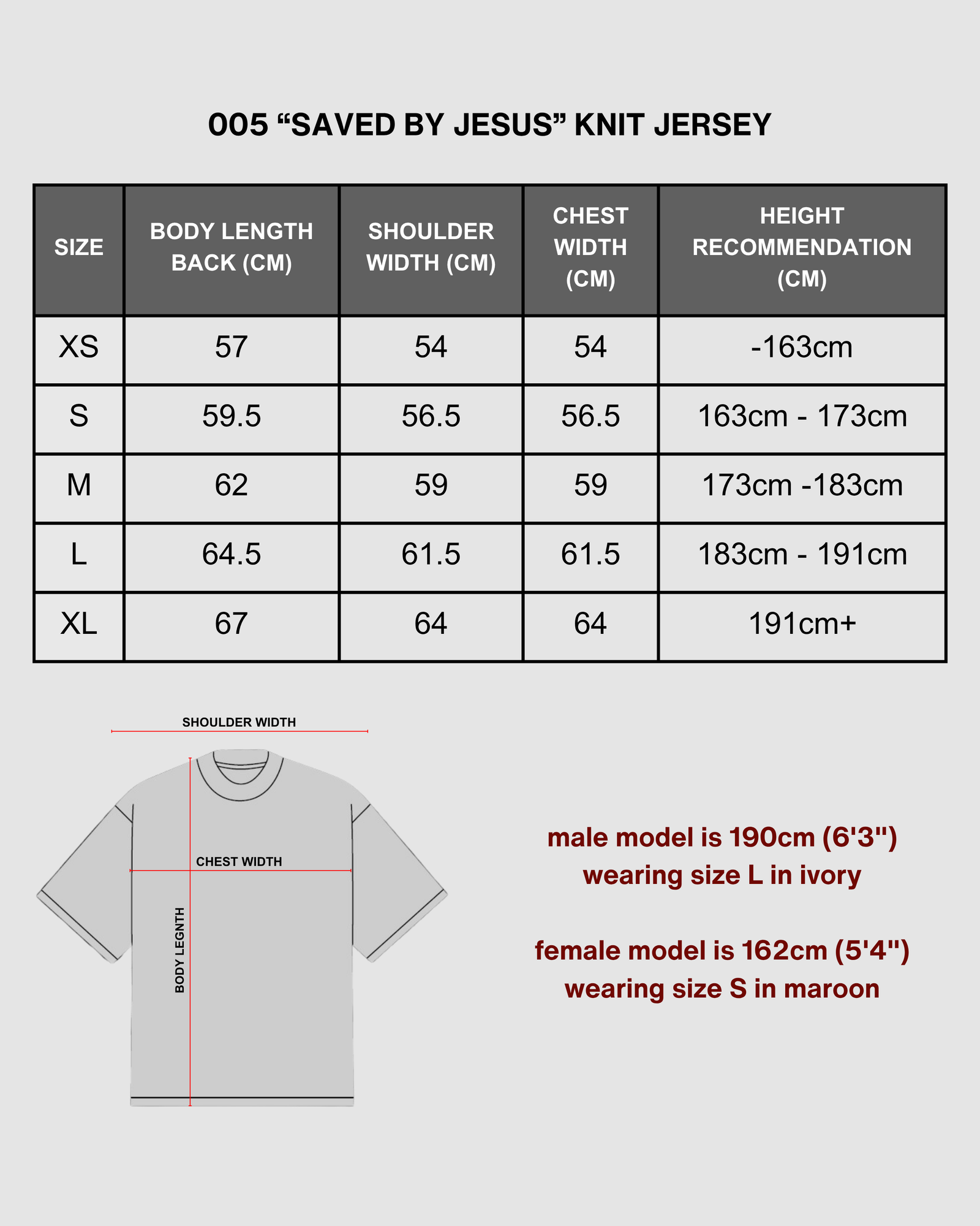"SAVED BY JESUS" - MAROON KNIT JERSEY size chart